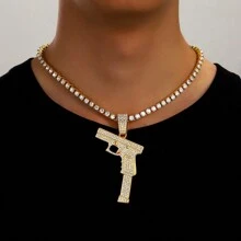 1pc European And American Style Men's Fashion Personality Hip Hop Gun Shaped Pendant Necklace With Full Rhinestones, Suitable For Jewelry Festival Parties