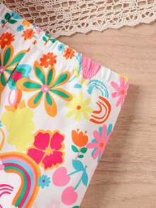 Young Girls Valentine's Day Casual Floral, Rainbow, Sunshine Print Short Sleeve Top And Shorts Set, Suitable For Outdoor, Beach, Vacation - Hot Pink - View 6