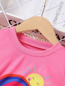 Young Girls Valentine's Day Casual Floral, Rainbow, Sunshine Print Short Sleeve Top And Shorts Set, Suitable For Outdoor, Beach, Vacation - Hot Pink - View 4