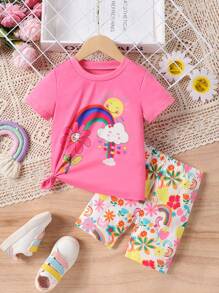 Young Girls Valentine's Day Casual Floral, Rainbow, Sunshine Print Short Sleeve Top And Shorts Set, Suitable For Outdoor, Beach, Vacation - Hot Pink - View 2
