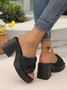 女士防水厚底涼鞋，INS風格露趾拖鞋，新款夏季塊狀高跟套腳鞋 - 黑色 - 查看 2