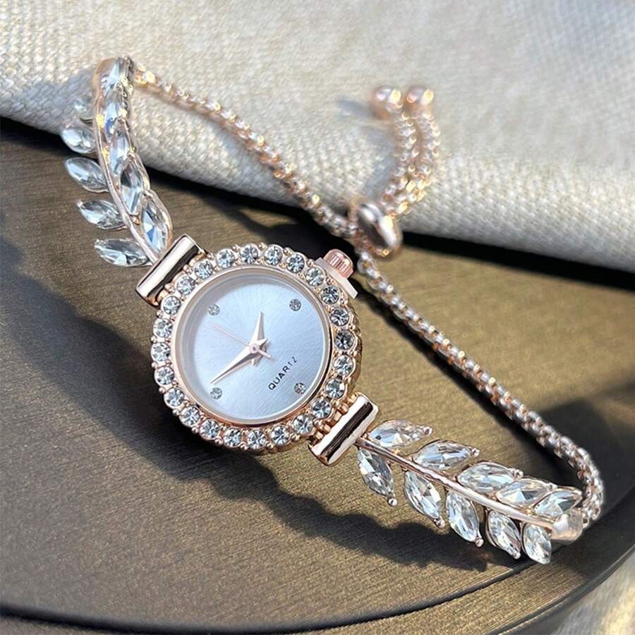 1pc Women's 2023 New Fashion Rhinestone Leaf Round Dial Minimalist Adjustable Watch, Cross-Border Exclusive Gift