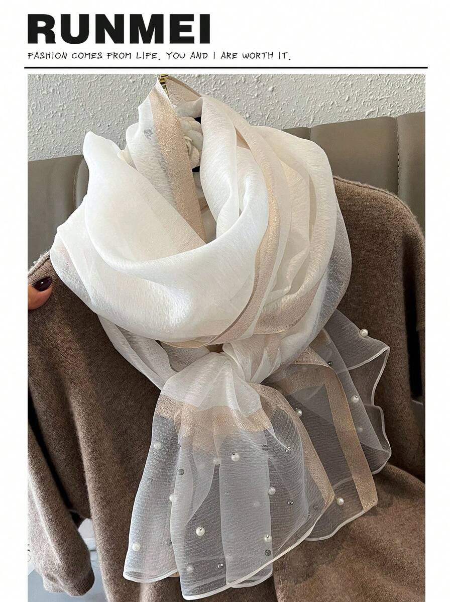 Elegant Women Fashion White Faux Pearl Decor Scarf - White - View 1