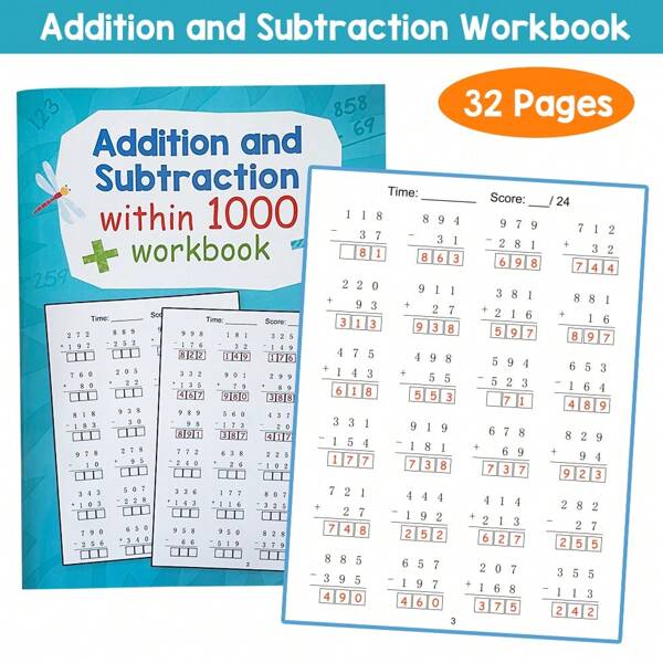 32 Pages Math Timed Tests Workbook - 3 Digit Addition And Subtraction Within 1000 Children's Math Books Activity Worksheets For Counting & Numeration Mathematics Practicing Exercise Book Reading Game Math Skill Development Learning Tool School, Student,Stationery,School Supplies,Teaching Supplies,Kids Activity Books,Sight Words,English Dictionary,Calculator,Maths Set,Addition Subtraction Learning,Stationery Supplies,Special Education