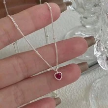 1pc 925 Sterling Silver Necklace Pendant With Red Heart-Shaped Gemstone For Women, Simple Design - Heart Necklace - View 4