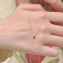 1pc 925 Sterling Silver Necklace Pendant With Red Heart-Shaped Gemstone For Women, Simple Design - Heart Necklace - View 3
