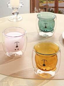 1pc New Arrival Double-Layered Heat Resistant Cute Bear Glass Cup, INS Style Juice Cup, Transparent Water Cup In Amber Color - Green - View 9