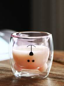 1pc New Arrival Double-Layered Heat Resistant Cute Bear Glass Cup, INS Style Juice Cup, Transparent Water Cup In Amber Color - Green - View 7