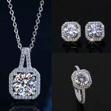 1 Set Cubic Zirconia Square Diamond Necklace, Simple Korean Classic Short Choker Necklace, Pendant Necklace, Earrings, Ring 3 PiecesJewelry Set
