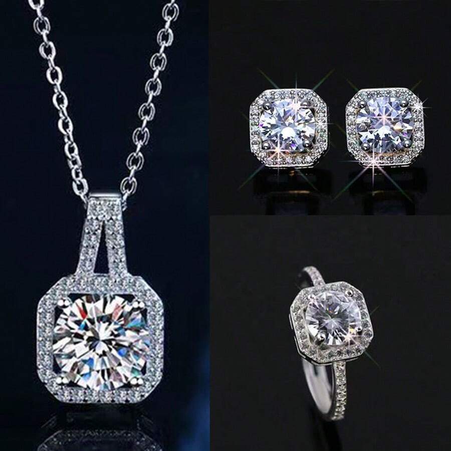 1 Set Cubic Zirconia Square Diamond Necklace, Simple Korean Classic Short Choker Necklace, Pendant Necklace, Earrings, Ring 3 PiecesJewelry Set