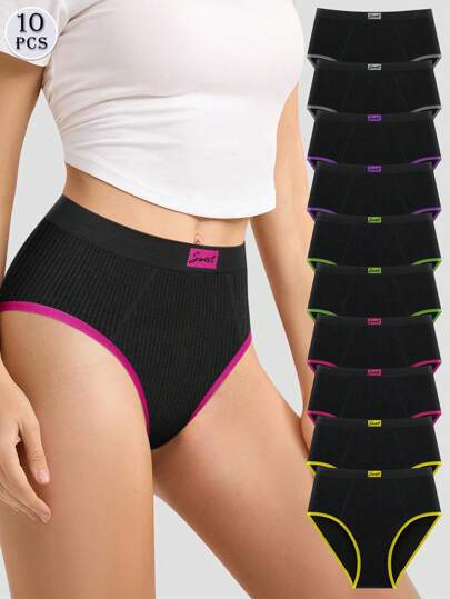 MEIYATING 10pcs/Pack Women Seamless Panty, Fashion Contrast Color, Comfortable Fit, Black