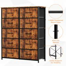 Sweetcrispy Dresser, Tall Dresser For Bedroom, Drawer Dresser Organizer Storage Drawers With 10 Drawers, Chest Of Drawers With Fabric Bin, Steel Frame, Wood Top For Bedroom - 鏽棕色 - 查看 7