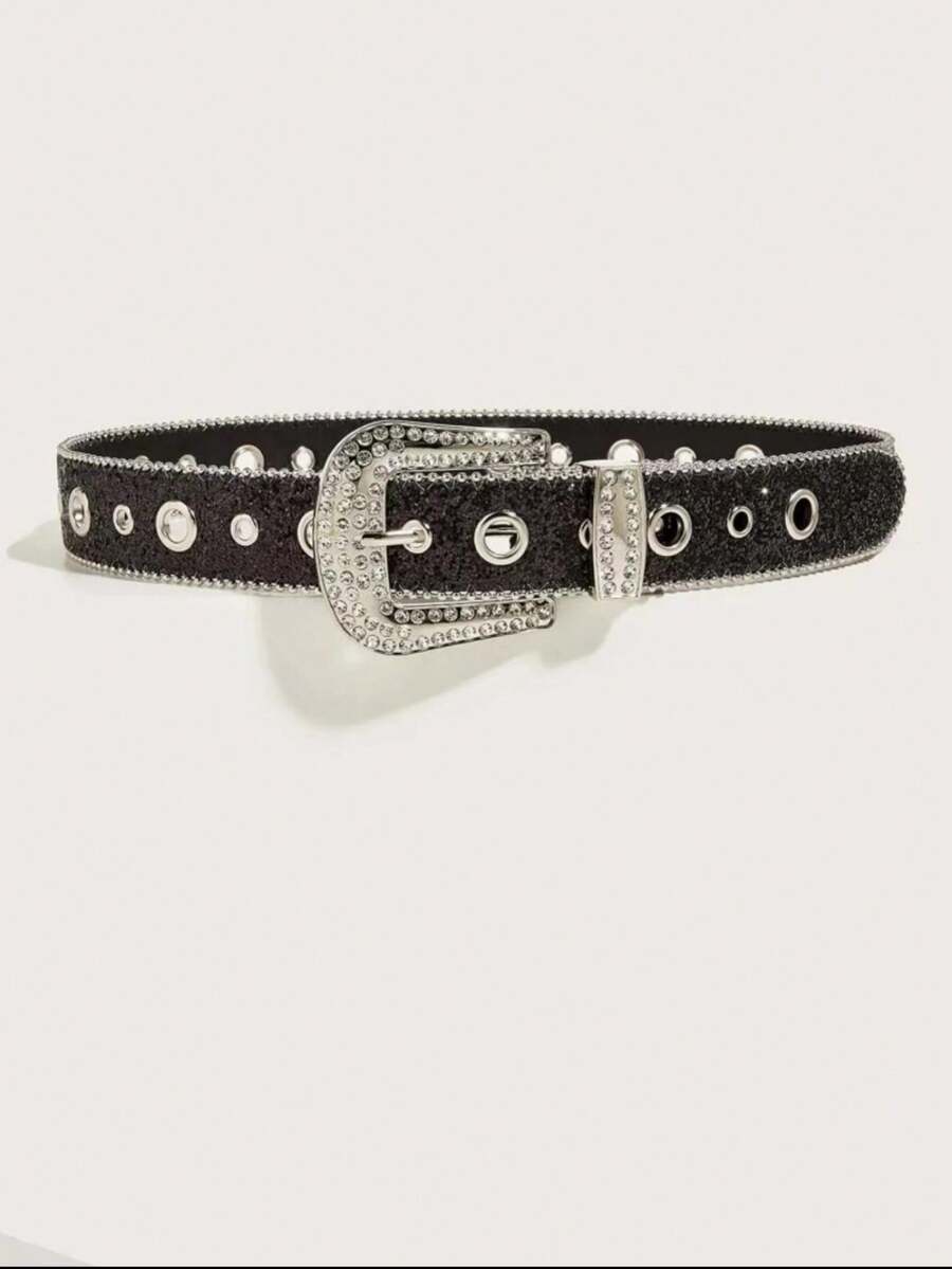1 pieza Cinturón de cintura decorado con pedrería con agujeros de anillo de metal, adecuado para uso diario - Negro - Ver 1