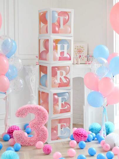 5 个金色透明气球盒，含 52 个字母，金色透明方块盒背景，适用于生日新娘送礼会性别揭晓派对装饰气球盒 - 可重复使用的礼品盒，圣诞节