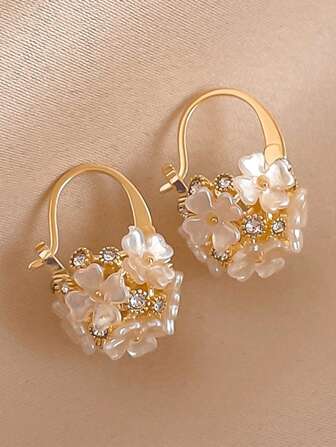 1 对花朵水钻球耳环，闪亮花朵球形耳环，贝壳花朵耳环，闪亮水钻装饰，新娘耳环，礼服配饰，适合婚礼日期，新娘伴娘珠宝万圣节情人节