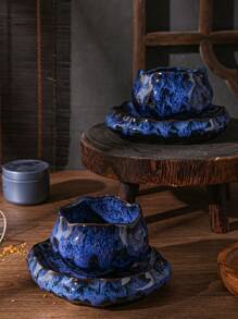 1 件创意莲花形陶瓷杯碟套装，反应釉咖啡杯，适用于茶、咖啡、牛奶、果汁，适用于户外、婚礼、派对、礼物、生日、圣诞节 - 藍色 - 查看 4