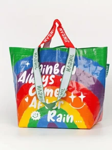 1入組彩虹色編織手提袋，防水PP材質，多用途肩扛式，厚實設計的可重複使用購物袋，54.0x35.0x19.99公分，是理想的禮品及收納解決方案