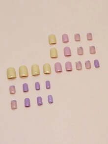 24 piezas de uñas cuadradas y cortas de estilo francés con flores frescas, que incluyen 1 lima y 1 pegamento Jelly - Multicolor - Ver 3