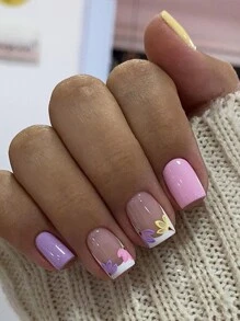 24 piezas de uñas cuadradas y cortas de estilo francés con flores frescas, que incluyen 1 lima y 1 pegamento Jelly - Multicolor - Ver 1