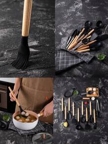 36入組,36入組矽膠廚房烹飪器具,耐高溫烹飪用具套裝,附木製手柄烹飪用品,不粘廚房小工具,包括刮刀勺子,披薩刀,廚房物品清理廚房配件家庭廚房物品