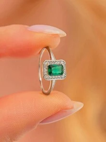 Stylever 1入幾何綠色鑽石戒指,復古風格,適合女性,s925純銀方形光環精美珠寶,用作承諾戒指的禮物給女性 - 銀色 - 查看 3