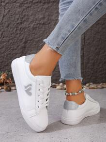 Zapatillas blancas para mujer estilo coreano, versátiles, planas para correr y para casualidad con cordones, nuevas zapatillas blancas de lona para primavera y otoño para estudiantes - Plateado - Ver 5