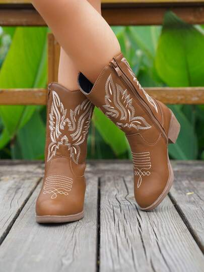 1pc Kids Embroidered Western Style Knee-High Boots, Pointed Toe Chunky Heel Side Zipper, Lightweight Mid-Calf Fashion Boots, Non-Slip Soft Sole Children's Performance Riding Boots, Toddler & Little Kid Costume Gift Boots