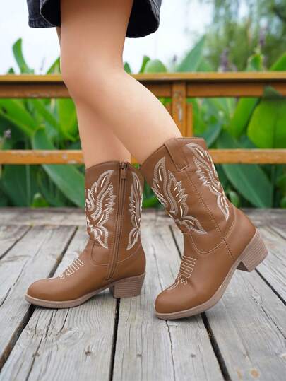 1pc Kids Embroidered Western Style Knee-High Boots, Pointed Toe Chunky Heel Side Zipper, Lightweight Mid-Calf Fashion Boots, Non-Slip Soft Sole Children's Performance Riding Boots, Toddler & Little Kid Costume Gift Boots