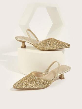 女士閃亮尖頭細跟高跟鞋，純色開口平底涼鞋，優雅晚禮服鞋，適合音樂節