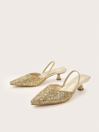 Glittrande stilettklackar för kvinnor, enfärgade sandaler med spetsad tå, eleganta kvällsskor, lämpliga för musikfestivaler