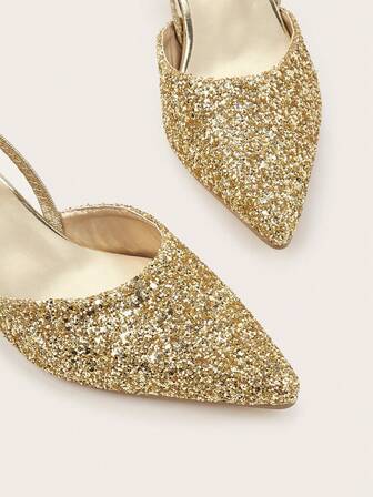 Glittrande stilettklackar för kvinnor, enfärgade sandaler med spetsad tå, eleganta kvällsskor, lämpliga för musikfestivaler