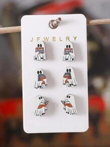 Ensemble de 3 paires de boucles d'oreilles de fantômes de livre mignons pour Halloween pour femmes, clous d'oreille vintage en bois gothique pour la soirée d'Halloween, cadeau pour amateur de livres pour Halloween