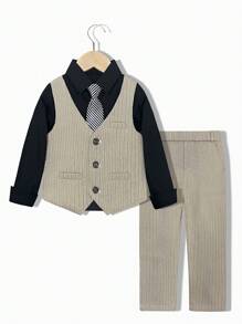 新款男童西裝套裝，花童婚禮服裝，表演服裝，英式男童表演西裝三件套，含背心、長褲與領帶 - 卡其色 - 查看 8