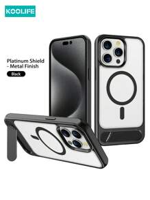 手机支架 Koolife 磁力吸附无线充电高透明 PC 后盖，加厚 TPU+PC 混合保护壳带金属支架，兼容 Apple IPhone 15/15 Pro/15 Plus/15 Pro Max - 黑色 - 查看 1