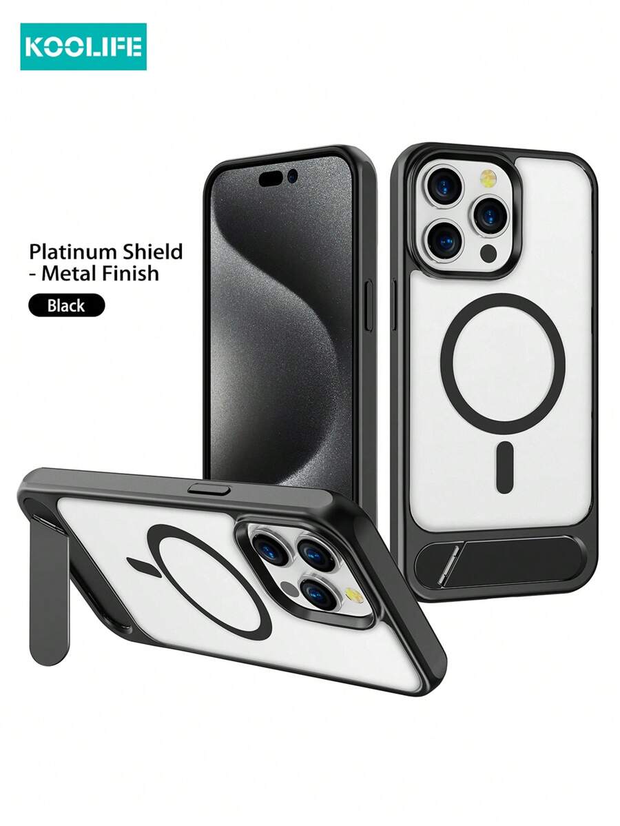 手机支架 Koolife 磁力吸附无线充电高透明 PC 后盖，加厚 TPU+PC 混合保护壳带金属支架，兼容 Apple IPhone 15/15 Pro/15 Plus/15 Pro Max - 黑色 - 查看 1