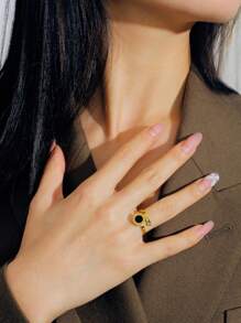 Anillo de acero inoxidable negro con números romanos chapado en oro de 18K, joyería de moda para mujer, accesorio de estilo gótico único, regalo creativo - Dorado - Ver 1