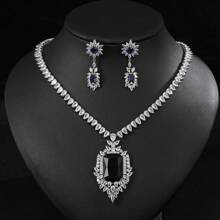 1 juego de 3 piezas de collar y aretes de circonita cúbica de estilo europeo; adecuado para bodas, banquetes y otras ocasiones de alta gama; decoraciones con forma de rectángulo y lágrima para ropa de mujer festiva