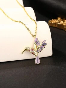 1件时尚高端欧美蜂鸟立方氧化锆吊坠项链，男女日常佩戴皆宜 - 金黃色 - 查看 5