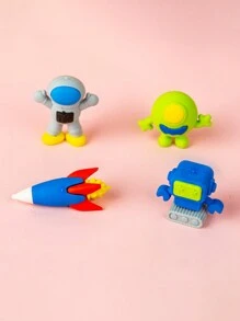 4入組太空主題3D橡皮擦，男孩專用，包括卡通太空人、太空船和外星人設計，可拆卸，創意可愛，是幼稚園小孩理想的生日禮物 - 彩色 - 查看 4