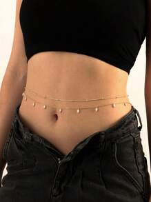 Boho Summer Beach Bikini Sexy Gold Silver Tassel Body Chains Waist Chain Crystal Rhinestone Crossover Bikini Multi-Layered Body Chain Adjustable Bikini Beach Plus Size Shiny Waist Body Chain Belt Belly Jewelry Summer Beach Vacation Party Accessories For Women And Girls - Double-layer Teardrop Pearl Waist Necklace - View 3