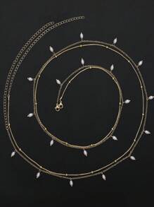 Boho Summer Beach Bikini Sexy Gold Silver Tassel Body Chains Waist Chain Crystal Rhinestone Crossover Bikini Multi-Layered Body Chain Adjustable Bikini Beach Plus Size Shiny Waist Body Chain Belt Belly Jewelry Summer Beach Vacation Party Accessories For Women And Girls - Double-layer Teardrop Pearl Waist Necklace - View 4