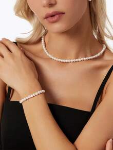 1入組迷人簡約銀色項鏈手鍊套裝女性優雅銀色色素鏈派對珠寶，送給好朋友的生日禮物 - 手鍊+項鍊 - 查看 5