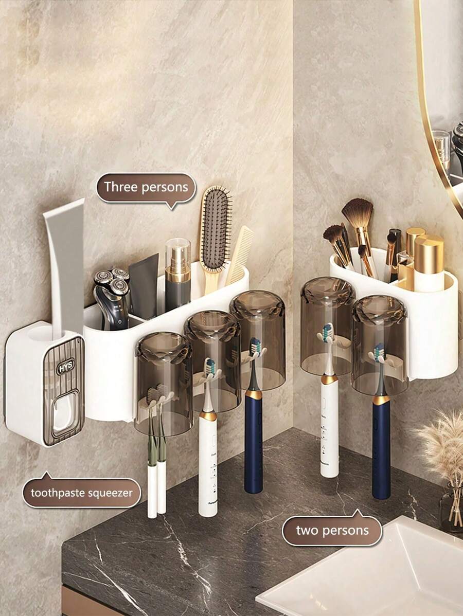 1pc Automatic Toothpaste Dispenser With Toothbrush Holder, Wall Mounted Toothbrush Organizer With Gargle Cups, Space-Saving Bathroom Rack For Toothbrush And Cups Home Bathroom Decor Fall Decor Back To School - White - View 1