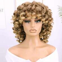 Peluca rizada rubia degradada de 16 pulgadas con flequillo, fibra sintética resistente al calor para disfraz - Degradado - Ver 2