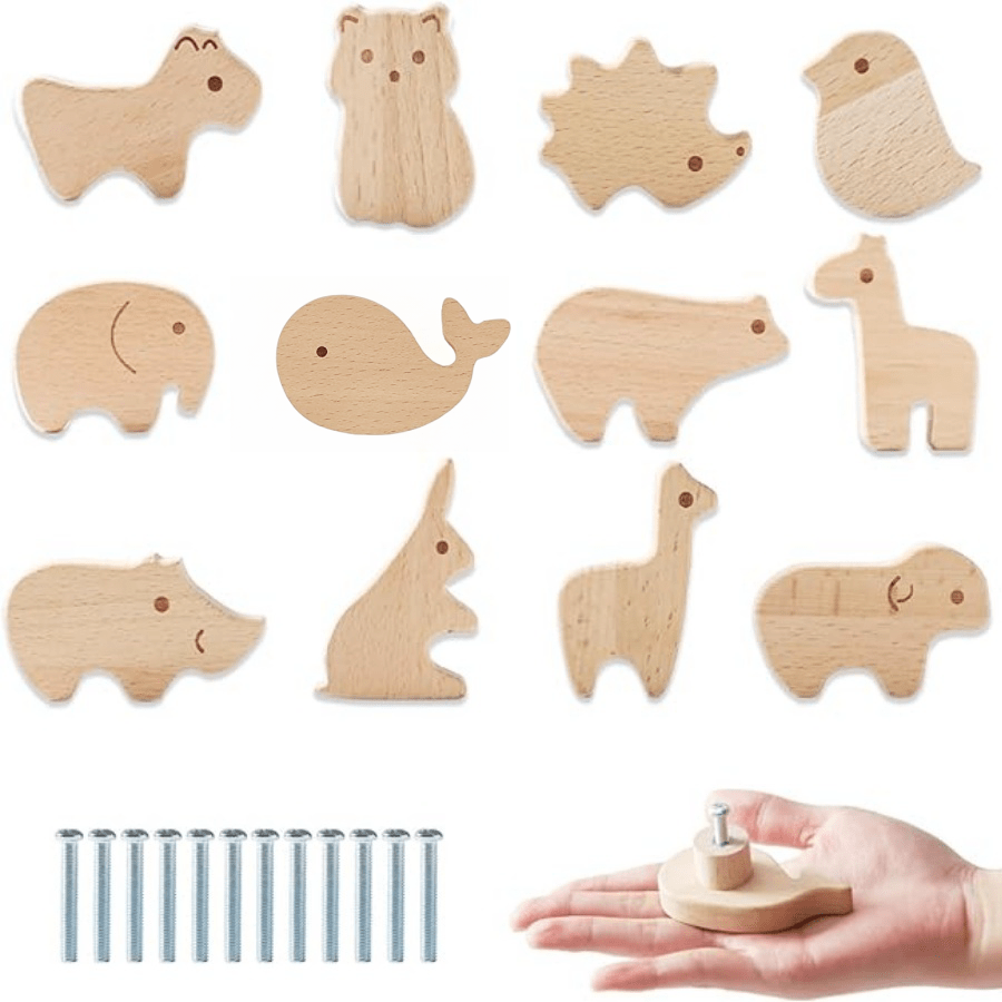 مقابض خزانة حيوانات خشبية مزخرفة مع مسامير، مسكات خزانة من الخشب لغرفة الأطفال بتصميم حيوانات، مقابض أثاث خزانة مقابض أدراج روضة للديكور