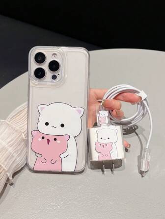 Apple 5 合 1 套装：可爱猫咪印花手机壳 + 数据线 + 快速充电器适配器盖，兼容 iPhone 7/8/7+/8+/X/XS/XR/XSMax/11/11Pro/11ProMax/12/12Pro/12ProMax/12Mini/13/13Pro/13ProMax/13Mini/14/14Pro/14+/14ProMax/15/15Pro/15+/15ProMax/16/16Pro/16+/16ProMax