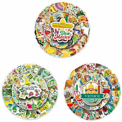 50pcs Outdoor Travel Scenery Brazil/Mexico/Italy Stickers, Vinyl Sticker For Laptop Water Bottle Guitar Bike Car Motorcycle Bumper Luggage Skateboard Graffiti, Cute Decals, Best Gift For Teen,Men,Women.