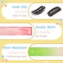 5pcs 20 Inch Colorful Hair Extensions With Gradient Color And Metallic Wire, Party Highlight, Cosplay Hairstyle, Crazy Festival, Rainbow Hair Accessories, Pink-Green Gradient - Ombre - View 2
