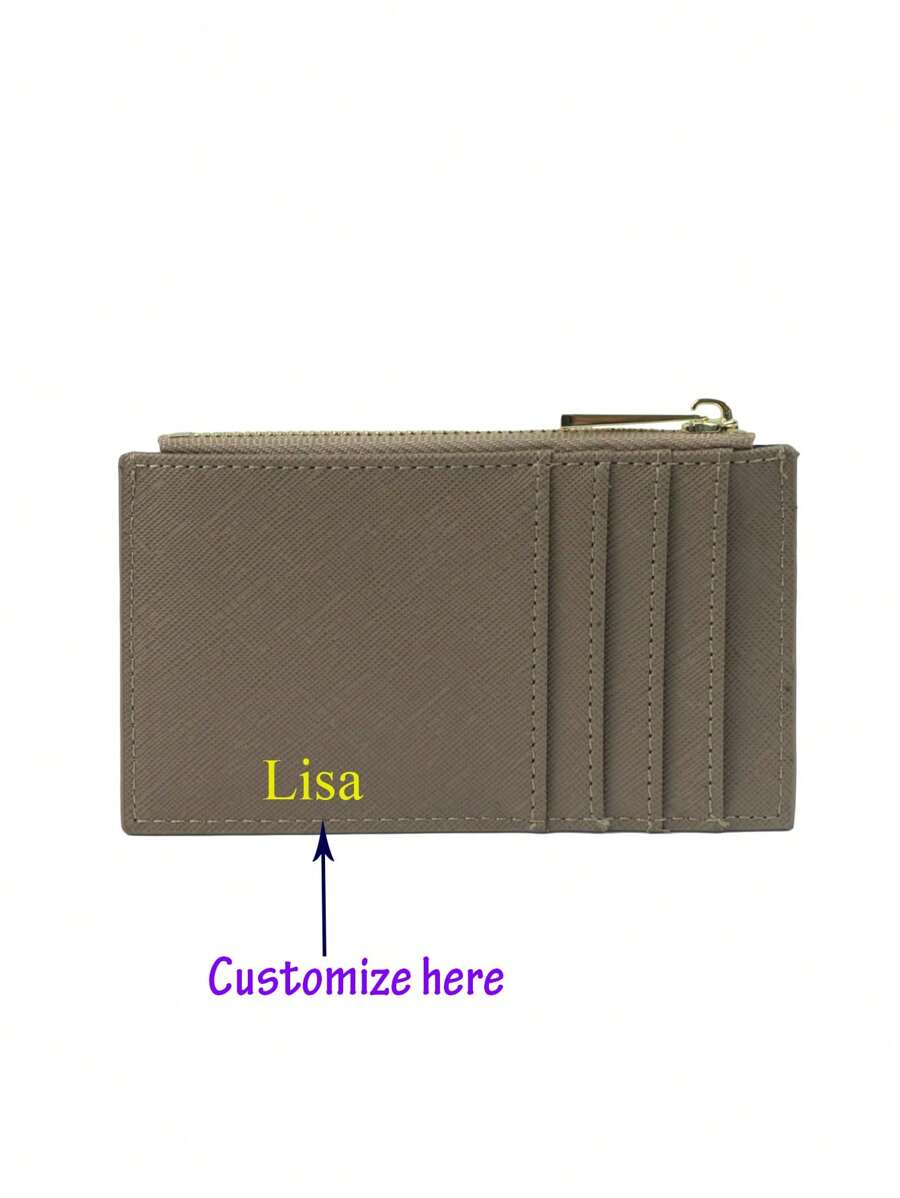 Personalized 1pc Ladies Saffiano PU Leather Zipper Card Holder For Women Small Zip Mini Wallet Coin Purse,Colorful,Cute,Adorable,Contracted,Funny,Kawaii,Y2K,Minimalist,Commuting,Business Casual,Basics,Custom,Personalized,Unique,Customized,Ideal Gifts For Him,Ideal Gifts For Her,Her,Family,Friends,Girlfriend,New Year Glamour - Khaki - View 1