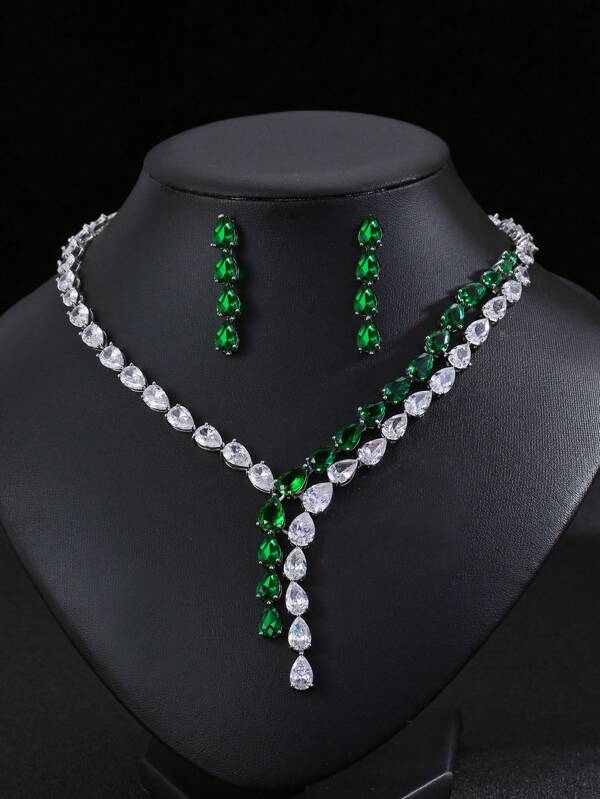 3 قطع/مجموعة طقم قلادة وأقراط أنيق فاخر من الزركونيا المكعبة، مجوهرات فستان الزفاف/السهرة، زخرفة قطرة الماء، هدية فاخرة للنساء